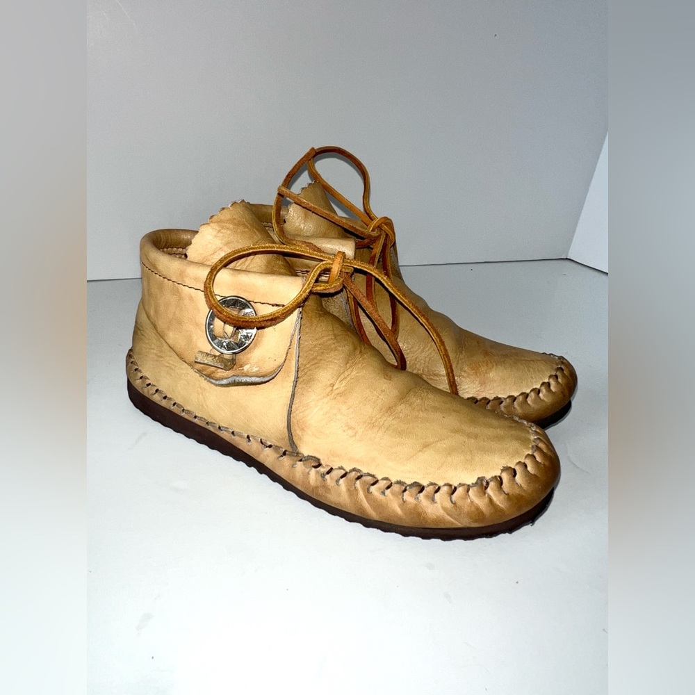 Taos Tan Moccasins Short Boot Booties‎ Fringe Leather Concho